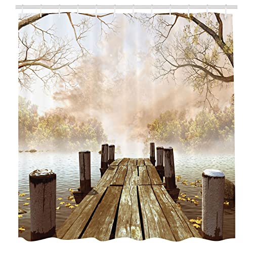 Ambesonne Autumn Shower Curtain, Old Wooden Jetty On A Lake Fallen Leaves And Foggy Forest In Distance, Cloth Fabric Bathroom Decor Set With Hooks, 69" W X 70" L, Brown Beige #TOP1