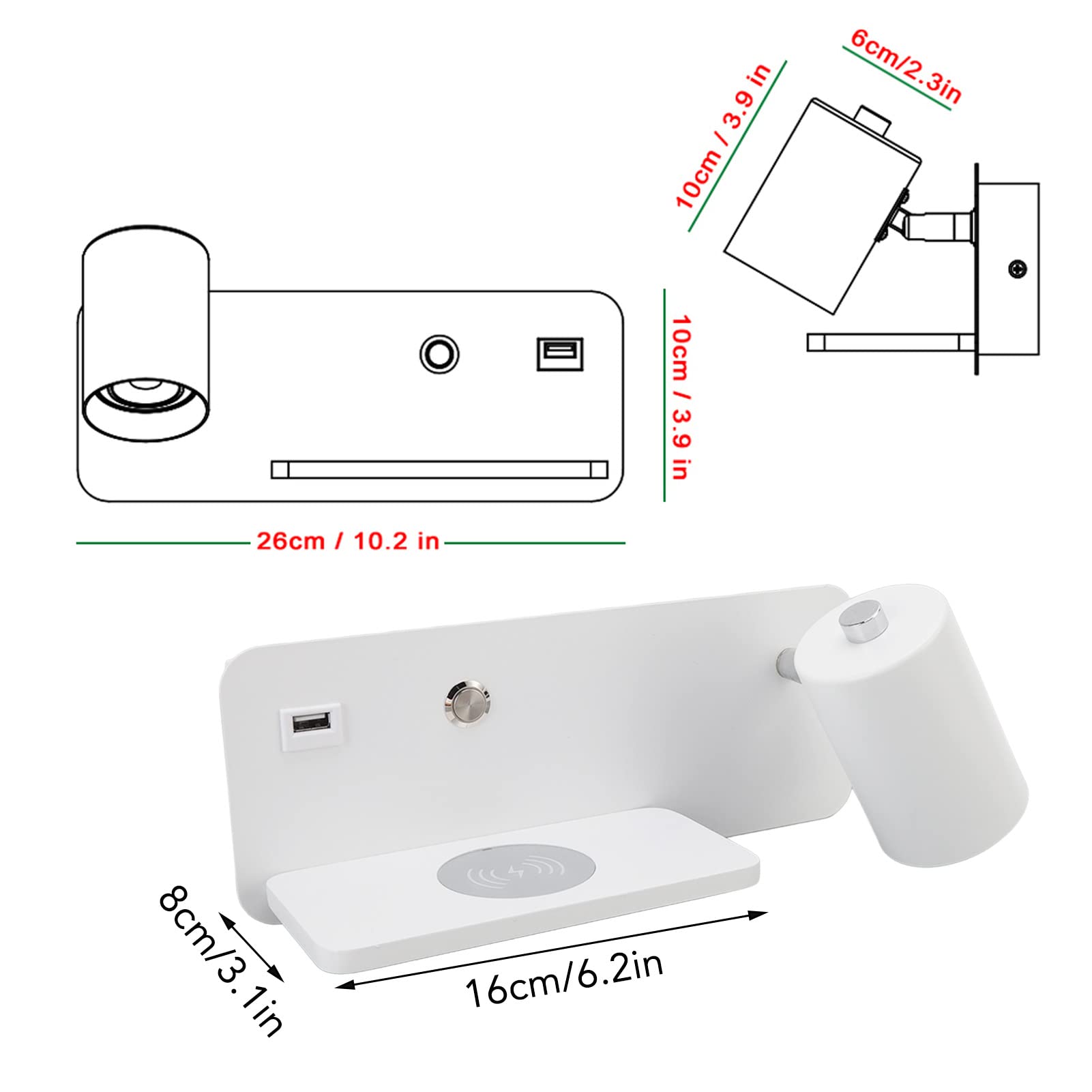 Applique a Led, Lampada Da Lettura a Parete Da Comodino Con Caricatore Wireless Da 5 V E Porta Di Ricarica Usb Lampada Da Parete Da Camera Da Letto Regolabile E Girevole Per Il(Bianco a destra)