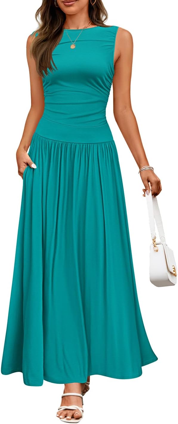 ZESICA Women's Summer Sleeveless Maxi Dress 2026 Casual Crewneck Pleated Flowy Long Dress with Pockets