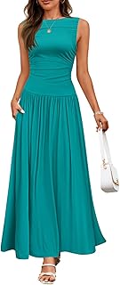 Women's Summer Sleeveless Maxi Dress 2025 Casual Crewneck Pleated Flowy Long Dress with Pockets - Buy now