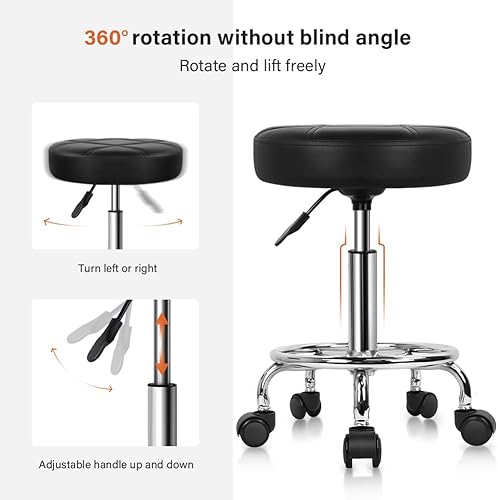 Miniatura 4 de KKTONER - Taburete redondo rodante de cuero sintético PU, altura ajustable, giratorio, para trabajo de dibujo, spa, tienda médica, salones,