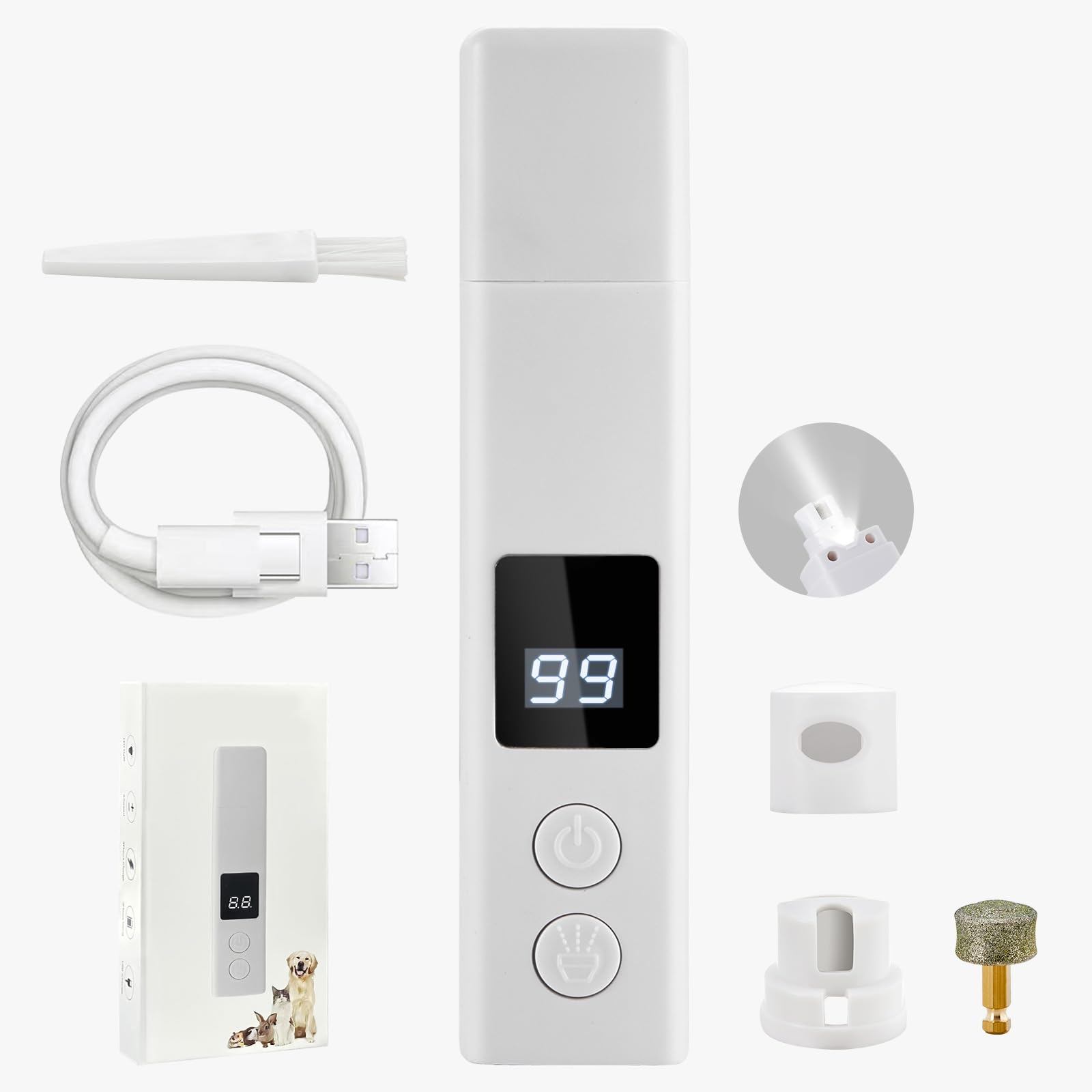 CLIPOP Dog Nail Grinder-Professional 4-Speed Electric USB Rechargeable Pet Nail Trimmer with LED Lights, Quiet/Low Vibration, Painless Paws Grooming & Smoothing for Small to Large Dogs/Cats (White)