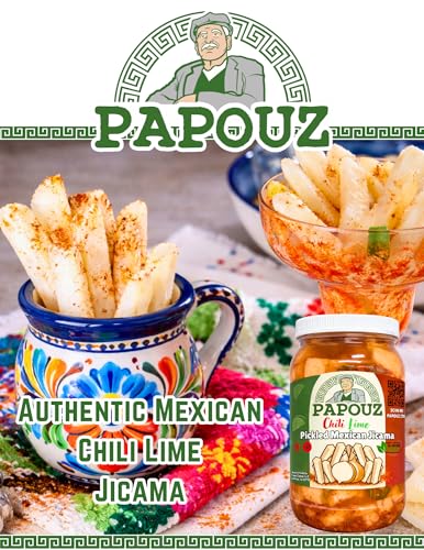 Papouz Pickled Chili Lime Jicama Sticks, Authentic Mexican Snack, Beer, Tequila, Margarita, Bar Snack, Pickled Root Vegetable, Fresh Family Recipe, Keto-Friendly, Gluten-Free, Cut Jicama, Mexican Turnip, Spicy, Sour, 8 oz, 32 oz, 64 oz, 1 Gallon (32 oz)