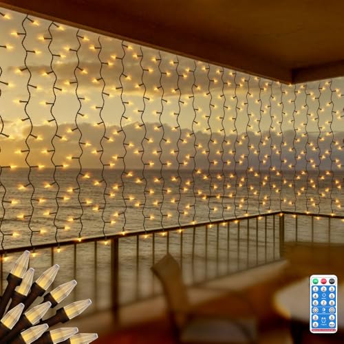 CERIAL Solare Tenda Luminosa Esterno,2 x 2 m 200 LED Tenda luminosa a energia solareper, interni ed esterni, con telecomando e timer per Natale, decorazione di feste (bianco caldo)