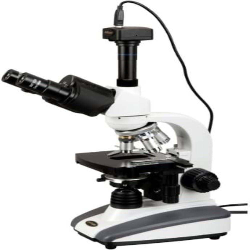 AmScope T360B-10M Digital Trinocular Compound Microscope, 40X-2000X Magnification, WF10x and WF20x Eyepieces, Brightfield, LED Illumination, Abbe Condenser, Double-Layer Mechanical Stage, Includes 10MP Camera with Reduction Lens and Software
