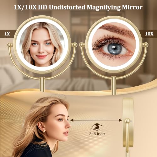 Image of Professional 8.5 inch Large Lighted Makeup Mirror with Brighter Lights, 1X /10X True HD Magnifying Mirror with 3 Color Dimmable Lights, 90 Shadowless LEDs, 360Swivel Seamless Vanity Mirror, Gold Nickel