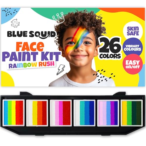 Blue Squid Face Painting Kit for Kids – 60g/2.12oz Split Cake Face Paint Palette, One Stroke Rainbow Colors, with Brushes & Stencils - Non-Toxic, Water Activated - Kids Party & Halloween Makeup Kit