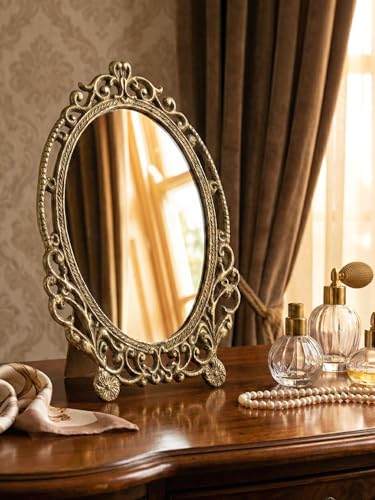 Image of Vintage Brass Table Mirror 9x6 Inch | Antique Finish Decorative Dressing Mirror with Stand | Handcrafted Solid Brass Frame for Home Decor & Vanity