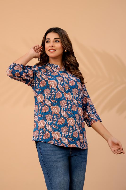 Image of Women's Cotton Printed Kurta Top | 3 /4 Sleeve Straight Kurti Casual Outings