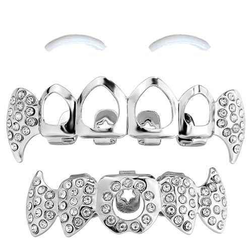 SSyang 18K Hip Hop Teeth, Grills for Mouth Braces Decoration, with 2 Silicone Moldings Hip Hop Teeth, Grills for Mouth Top Bottom Music Festival Party Hip Hop Rapper Decorations, Silver,Hollow Tiles