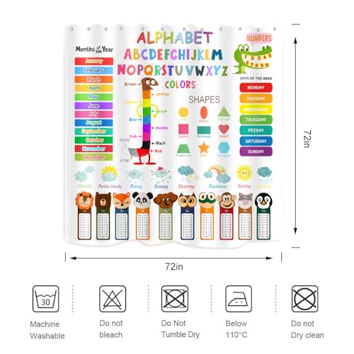 Image of ABC Educational Shower Curtain Kids Learning Tool Funny Cartoon Animals Colors Shapes Weathers Multiplication Table Girls Boys Colorful Decor Waterproof Fabric 72Lx72W Inch with Hooks