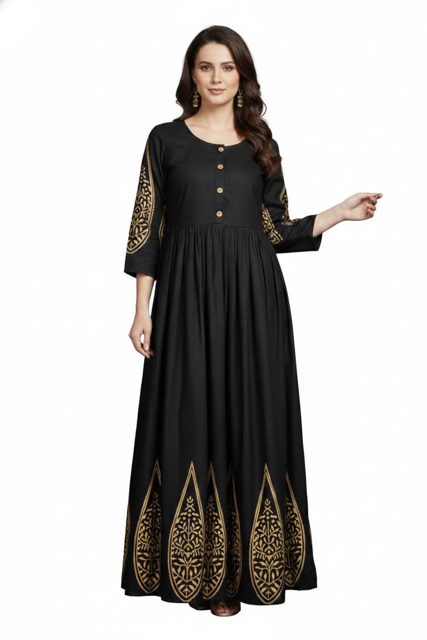 Buy Women's Black Gold-Printed Anarkali Gown | Ethnic Long Dress for Women  Kurta (in, Alpha, S) at Amazon.in