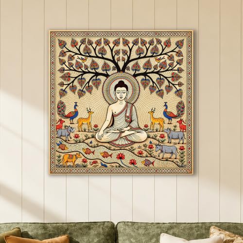 Image of PAINTINGMANTRA Madhubani Buddha Wall Painting for Living Room, Buddha wall Art Painting for living room, Bedroom, office and Meditation Room, Canvas, 22x22 Inch