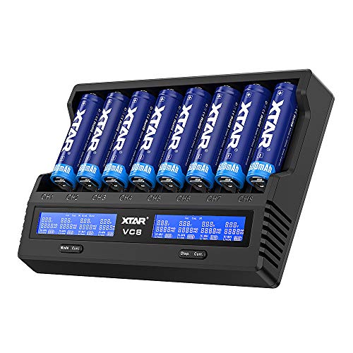 XTAR VC8 3A USB Fast Charger 8 bays Battery Charger 21700 Batteries Charger for Rechargeable IMR Batteries10440 16340 18650 26650 AAA AA C 5 Optional Currents Charge 8X21700 Simultaneously