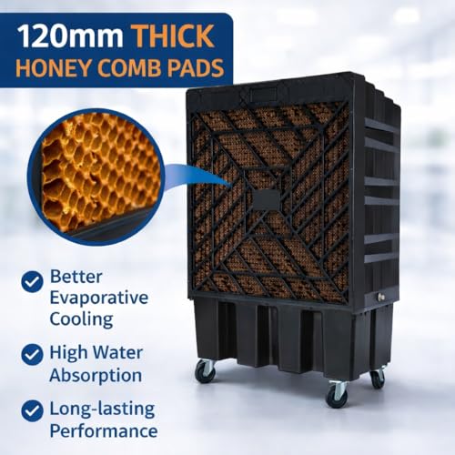 Image of Everest 200 Desert Air Cooler Commercial 3000 sqft | 13000 m /h Airflow | 30 Inch Fan | 100mm Honeycomb Pads | 500W High Performance Cooler for Large Rooms, Halls, Warehouses & Outdoor Use (Black)