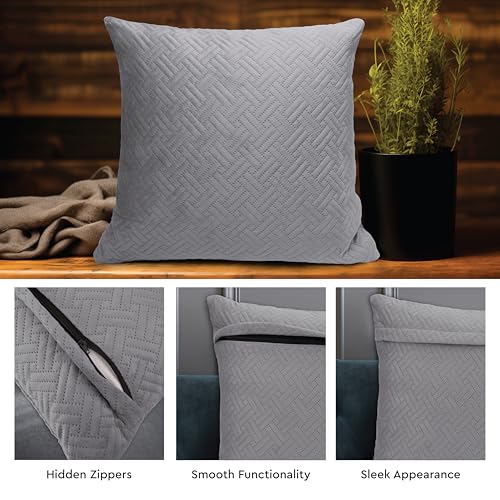 Image of Encasa XO Quilted Velvet Cushion Covers, Pillow Covers, No Inserts Grey | 16 inchx16 inch | Double Sided Texture | Hidden Zipper | Machine Washable | Set of 2