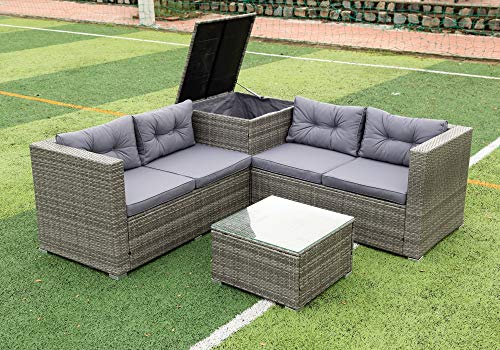 Fanye 4 Pieces Patio Furniture Weather Outdoor Conversation Sets Pe Wicker Rattan Sectional Sofa Couch With Storage Box,Glass Top Coffee Table And 2 Loveseat, Grey, Gray #TOP13