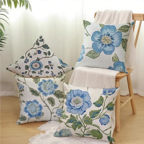 Housse de coussin 50x50cm extérieur imperméable velours bleu taie oreiller fleurs