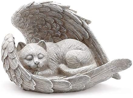 Napco Sleeping Cat Within Angel Wings 8.5 x 5.5 Resin Stone Pet Memorial Figurine, Concrete Grey