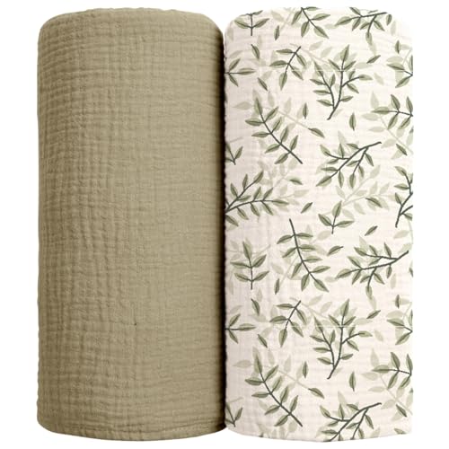 Image of lulumoon Muslin Swaddle Blankets for Baby: Cotton & Soft Receiving Blanket for Newborn with Leaves Printed- Neutral Gift for Baby Shower 2pack(Olive Leaf)