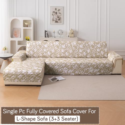 Image of HOKIPO 'Elira Series' Printed Quilted One-Piece L Shape 6 Seater (3+3) Sofa Cover Mat with Left Chaise | Anti-Slip Backing & SecureFit Belt, Buff Brown Sillehoute Floral (AR-5375-C7)