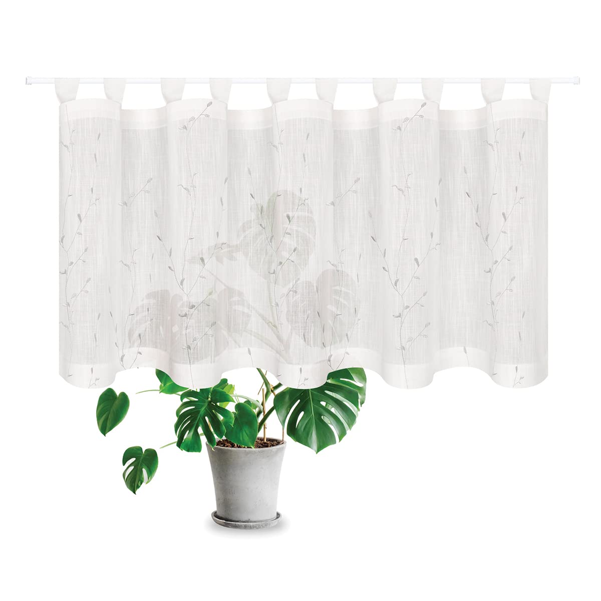 SCHÖNER LEBEN. Rideau brise-bise bio en coton bio avec broderie feuilletée - Structure en lin - Blanc laineux - Gris - 150 x 50 cm