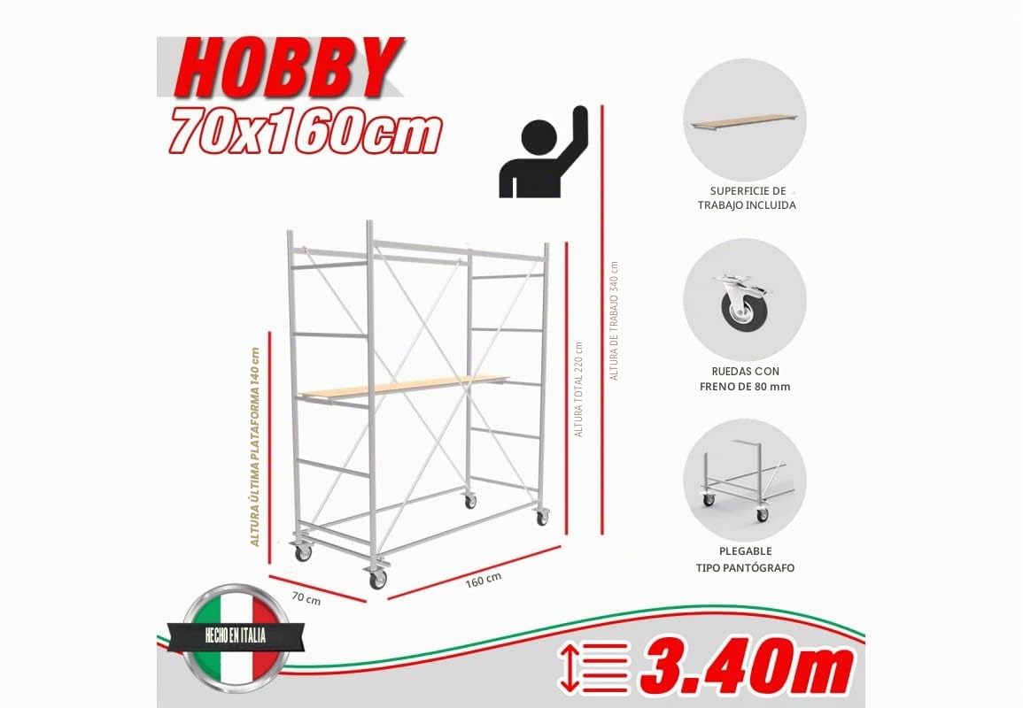 Andamio de acero con una altura de trabajo de 3,40m - Modèle HOBBY - Made in Italy