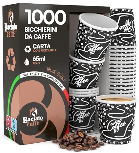 Eurocali 1000 Bicchierini in Carta per caffè 65ml BlackCUP Bicchieri Ecologici Biodegradabili Monouso Piccoli Asporto Bevande Calde