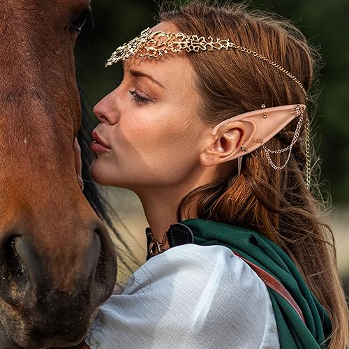 FRESHME Gothic Elf Ears with Sliver Piercings Set, Renaissance Fairy Ear Cuffs with Skull Earrings2