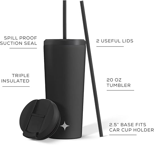 Miniatura 2 de JoyJolt Vaso de acero inoxidable con triple aislamiento de 20 onzas con tapa y popote 2 cada uno al vacío de doble pared forrado de cobre para