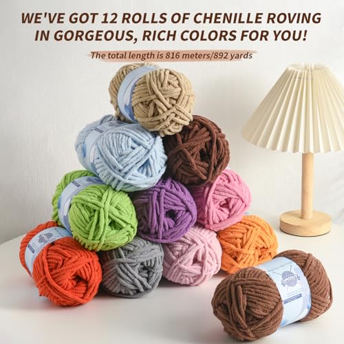 Image of Premier Puzzle 12 Pack Fluff Chenille Chunky Yarn for Crocheting - Baby Crochet Set with Velvet Yarn in Black, White, Purple, Pink, Blue, Coffee, Red, Orange