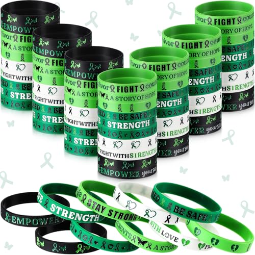Wavwavw 200 Pcs Mental Health Awareness Bracelets Bulk Green Ribbon Silicone Wristband Motivational Green Bracelets Rubber for Men Women Mental Health Awareness Month Gifts