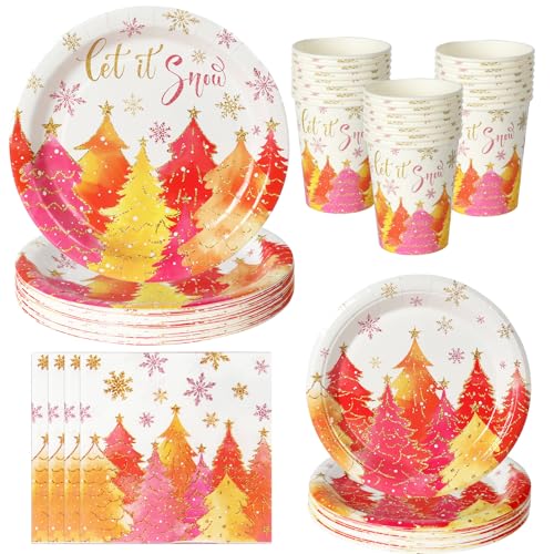 PYAILI 96 Piezas de Vajilla Navideña para 24 Personas - Incluye Platos, Vasos y Servilletas de Papel