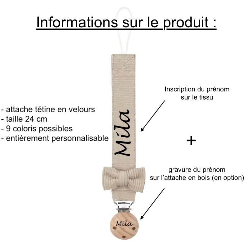attache tétine personnalisé prénom fille garçon- en velours avec noeud -attache en bois- 9 couleurs de tissu au choix- cadeau naissance personnalisé