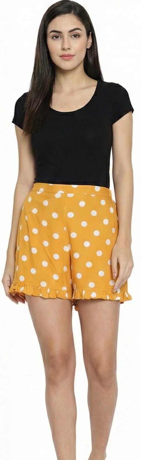 Women's Polka Dot Shorts with Ruffle Hem, Yellow with White Dots, Casual Summer Wear-picture-20