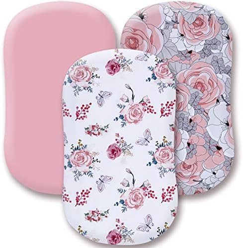 JAROSY Ultra Soft Baby Bassinet Sheets 3 Pack, Silky Skin-Friendly Cradle Sheets for Girls, 5'' Deep Pocket Fit Various Shaped Cradle and Bassinet Mattress, Florals & Pink