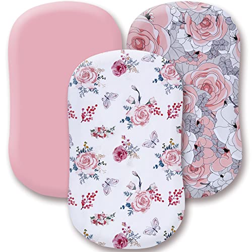 Image of JAROSY Ultra Soft Baby Bassinet Sheets 3 Pack, Silky Skin-Friendly Cradle Sheets for Girls, 5'' Deep Pocket Fit Various Shaped Cradle and Bassinet Mattress, Florals & Pink