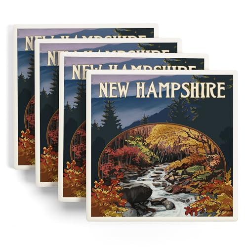 Lantern Press New Hampshire, Waterfall and Mountains (Absorbent Ceramic Coasters Set of 4 Matching...