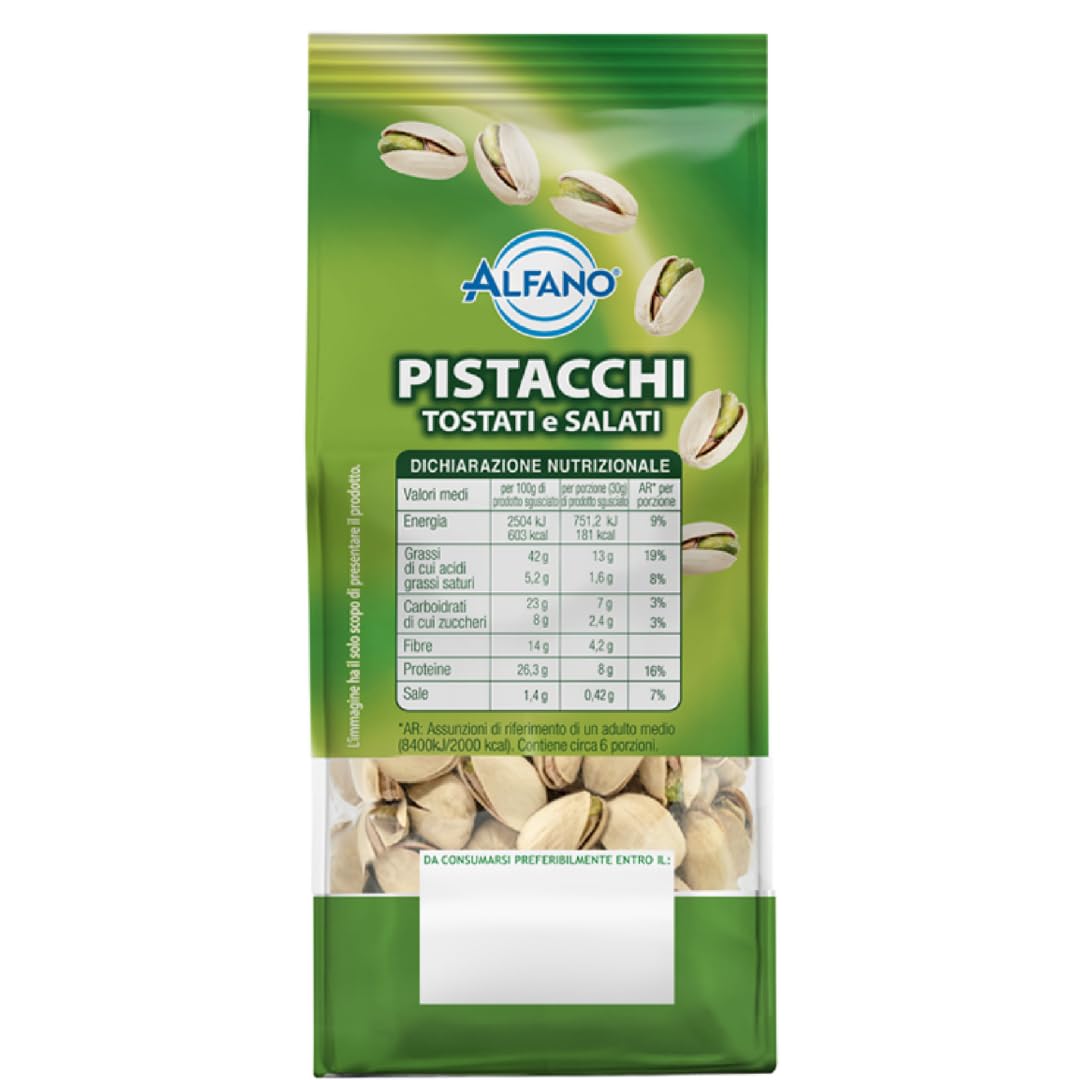 Alfano dal 1940 Pistacchi Salati Tostati 250g Frutta Secca Ricca di Fibre e Magnesio, Fonte di Potassio Ideale come Snack Aperitivo (16 Pezzi)