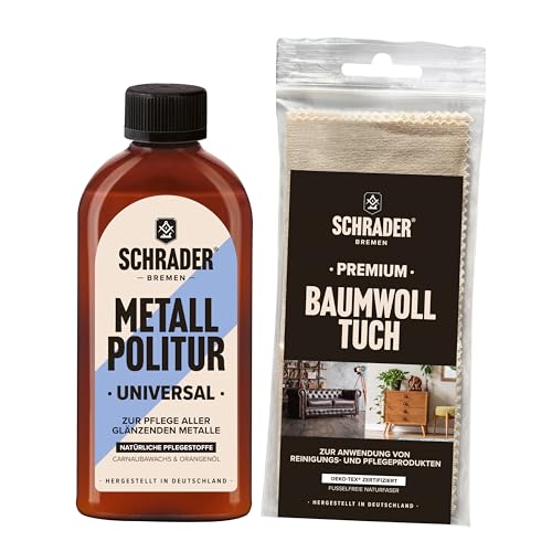 SCHRADER Metall Politur universal - Pflegemittel für glatte Metalle - Reinigende Polier-Creme - 1x 250ml - Mit Poliertuch - Made in Germany