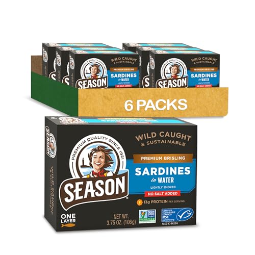 Season Brisling Sardines in Water - No Salt Added, Wild Caught, 13g of Protein, Keto Snacks, More Omega 3's Than Tuna, Kosher, High in Calcium, Canned Sardines, One Layer - 3.75 Oz Tins, 6-Pack