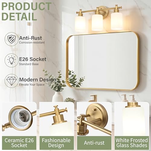 Image of 3-Light Bathroom Vanity Light, Brushed Gold Vanity Lights for Bathroom, Modern Champagne Gold Wall Sconce with White Glass Shades, Anti-Rust Light Fixtures over Mirror (Bulbs Not Included, E26 Base)