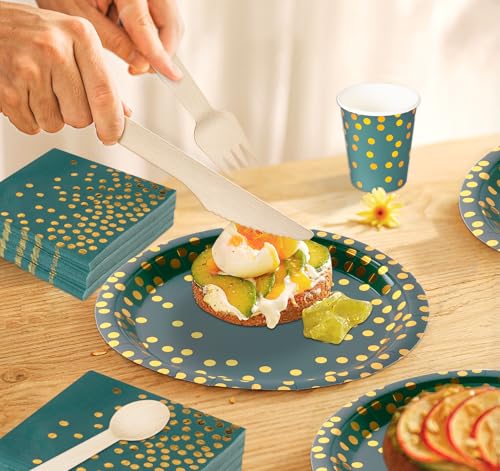 Anstore Zielone papierowe talerze, 200 szt. papierowych talerzy, zestaw kubków i sztućców, 25 gości, zrównoważona folia, w kropki, zestaw zastawy stołowej na przyjęcie urodzinowe, w tym talerz, łyżka