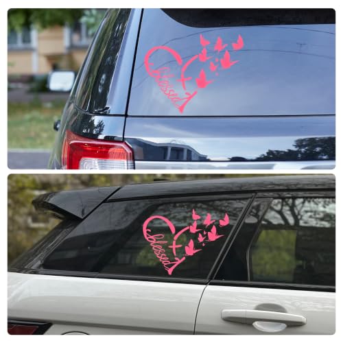 Image of Blessed Cross & Butterfly Heart Decal- 8.6 inchx7.5 inch Inspirational Faith Waterproof Vinyl Sticker for Car, Truck, Window, Bumper, Laptop, Wall (Heart-Pink)