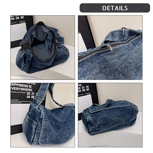 Women's Retro Denim Crossbody Bag, Adjustable Strap Metal Zipper Sleek Design Tote Bag4