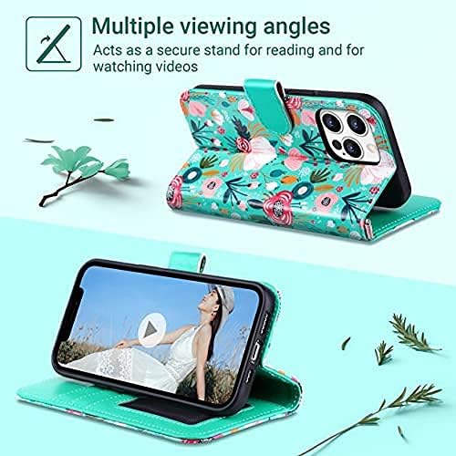ULAK Compatible with iPhone 13 Wallet Case for Women, Premium PU Leather Flip Cover with Card Holder and Kickstand Feature Protective Phone Case Designed for iPhone 13 6.1 Inch, Mint Flower