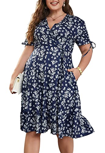 Image of Keluummi Plus Size Summer Wedding Guest Midi Dresses for Curvy Women, Floral V Neck Party Sundress