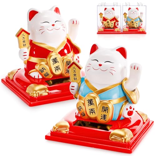 Youeon 2 Pack Lucky Cat Waving Arm, Small Solar Waving Cat, Vivid and Cute Beckoning & Welcoming Cats, Maneki Neko as Good Luck Decor for Home, Office, Car, Store, Restaurant