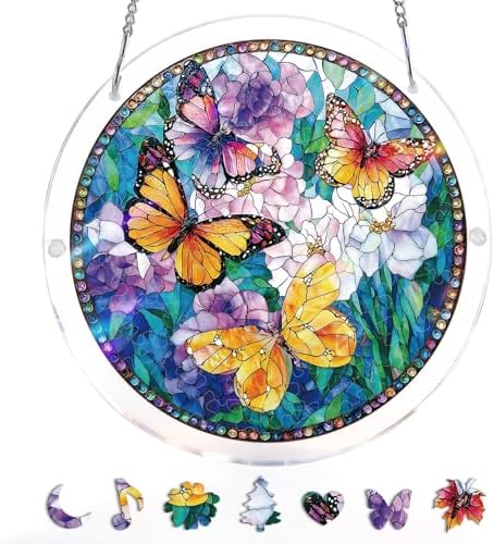 Acrylic Puzzles Suncatcher Window Hanging, 83 Pieces Stained Glass Sun Catcher Puzzle Decoration for Home Garden, Birthday Gifts for Mom Women Adults (Butterfly)