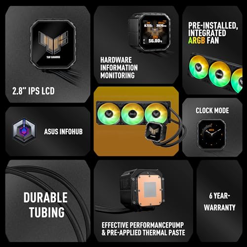 ASUS TUF Gaming LC III 360 ARGB LCD, dispositif de refroidissement liquide tout-en-un, trois ventilateurs ARGB préinstallés, écran IPS LCD 2,8, tubes de 400 mm, noir